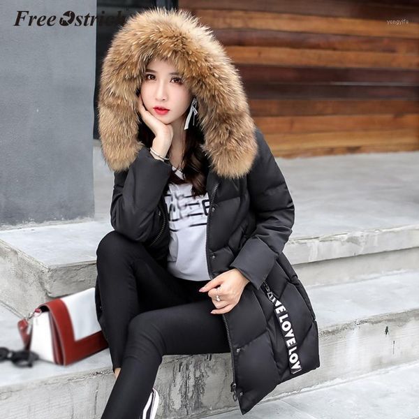Ücretsiz Devekuşu 2019 Yeni Parka Bayan Kışlık Mont Bayan Uzun Rahat Kürk Kapüşonlu Ceketler Sıcak Parkas Kadın Palto Ceket N301