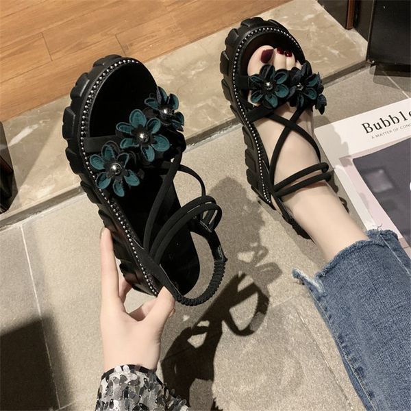 

2021 new mode narrow band flower open toed woman will see beach shoes thick sandals zfsa, Black