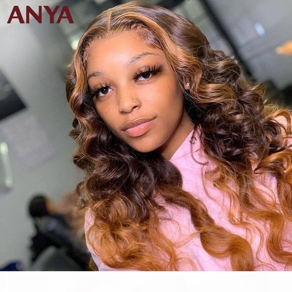 

anya honey brown ombre loose wave 13x4 transparent lace front pre plucked wig peruvian virgin human hair wigs for black women, Black;brown