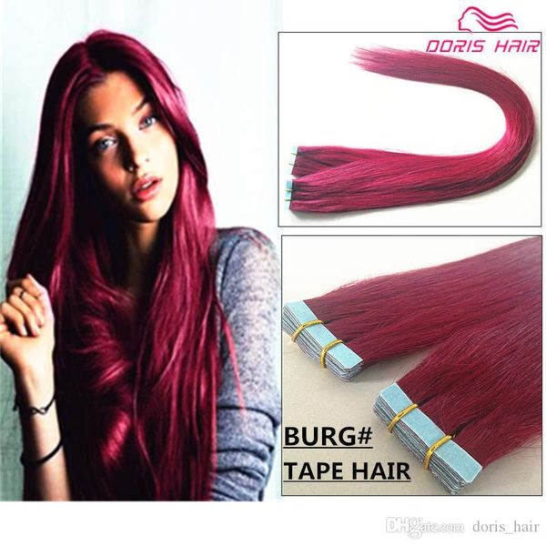 

50% off dhl # burg tape hair extensions 7a remy hair 40pcs lot tangle indian mongolian burgundy tape in human hair extension, Black
