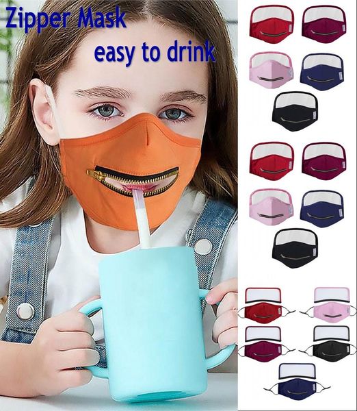 

new creative zipper face mask zipper design easy to drink washable reusable 2 in 1 eye shield covering protective face masks for kids/adults, Black