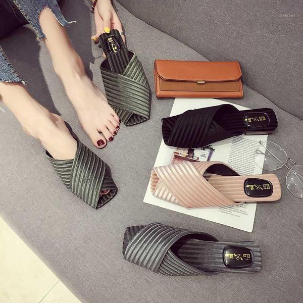 

slippers silk shoes woman cross-tied all match flip flops brief comfortable slides casual flat sandals femme 2021mules footwear1, Black
