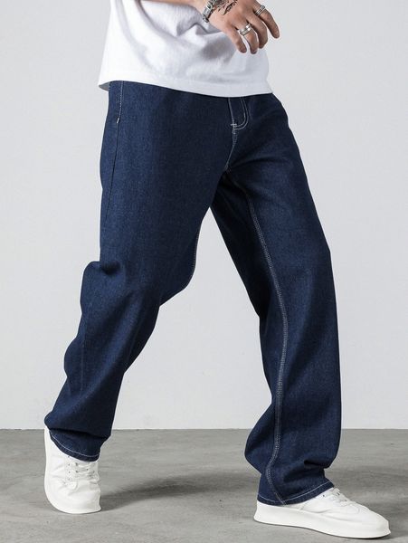 

men stitching straight leg jeans m3j4#, Blue