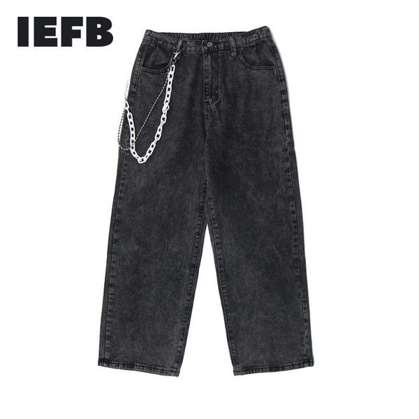 

iefb 2021 spring new men's high street ins straight tube loose blck jeans male's washed casual hip hop floor pants with chian, Blue