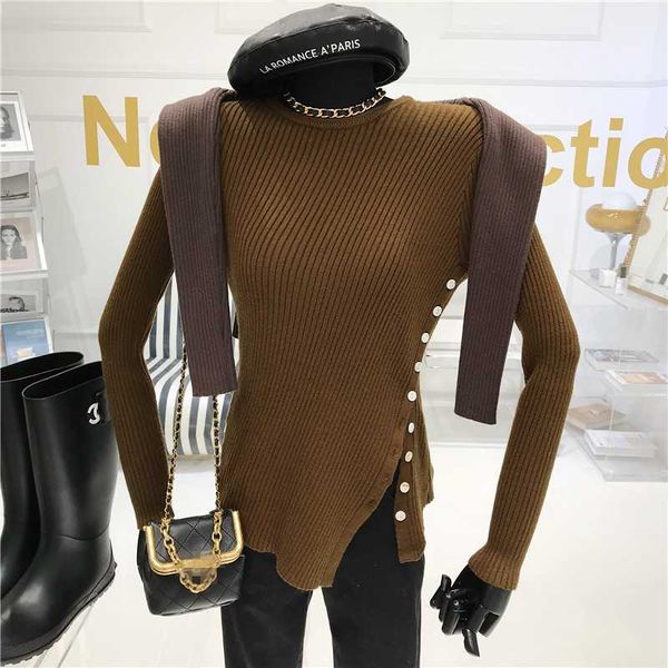 

women's sweaters twill button knit bottoming shirt 2021 autumn/winter slim fitting long sleeve irregular fashion, White;black