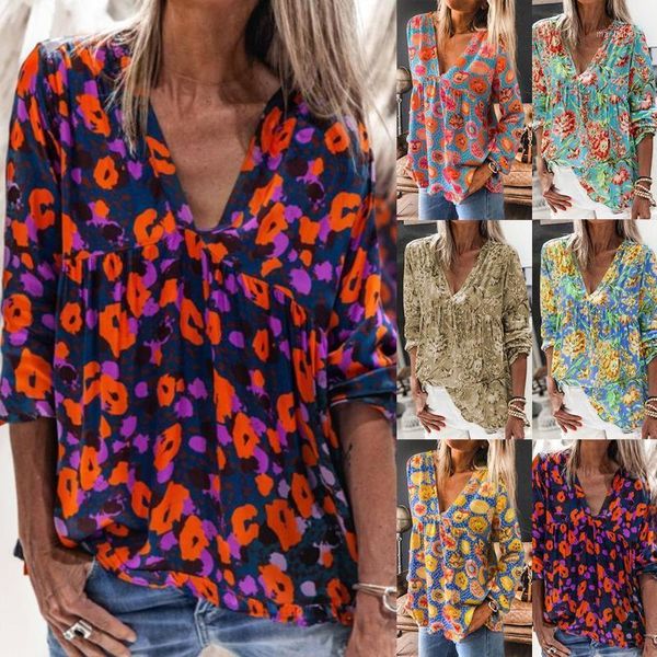 

women printed v neck long sleeve blouse new loose elegant vintage plus size shirts female autumn casual clothing1, White