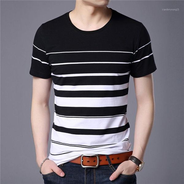 

men's t-shirts cotton short sleeve t-shirt men brand clothing 2021 spring summer fashion striped print o-neck tee shirt s76331, White;black