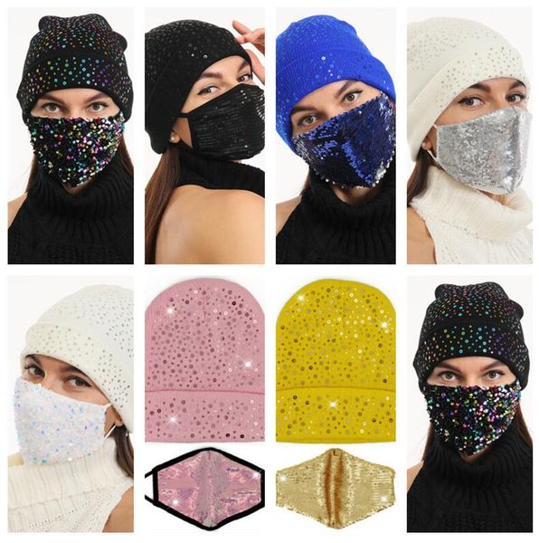 

sequins crystal diamond mask and beanie 2pcs/sets glitter shinny knit cap crochet hats with face mask bonnet mask earmuffs caps e122809, Yellow
