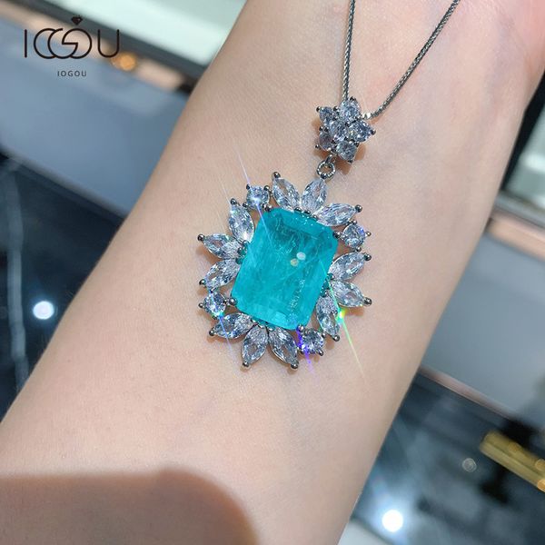 

iogou square cut emeralds classic imitation paraiba treasure micro-inlaid cubic zirconia pendant necklace gems q1216, Silver