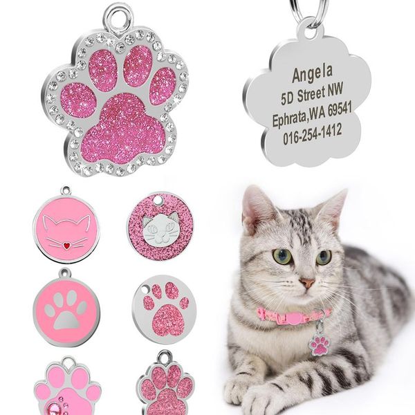 

custom cat id tag personalized cat name tag pendant collar engraved cats kitten name plate accessories paw round glit sqclcq