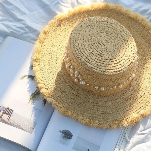 

202005-taiy37 chic summer natural handmade riffia grass pearl holiday beach lady fedoras cap women panama jazz hat1, Blue;gray