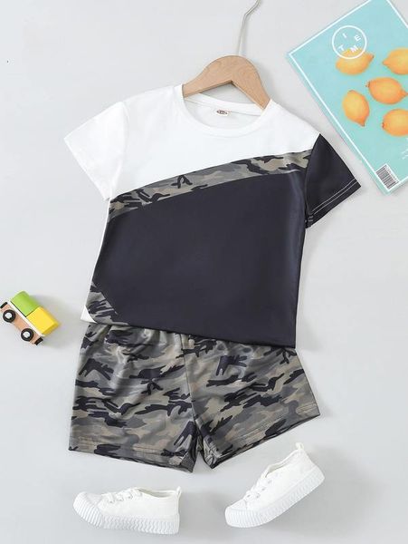

toddler boys camo print color block tee & shorts she, White
