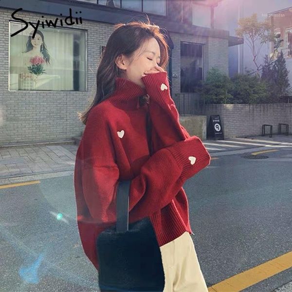 

syiwidii women sweater pullover embroidery heart turtleneck knit sweater batwing sleeve winter clothes women korean 2020 new1, White;black
