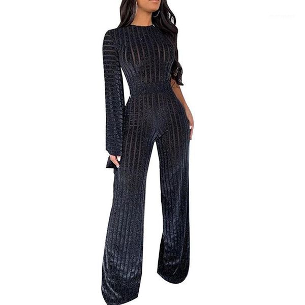 

women's jumpsuits & rompers one shoulder elegant jumpsuit for women mesh sheer striped velvet womens loose wide leg pants macacao femin, Black;white