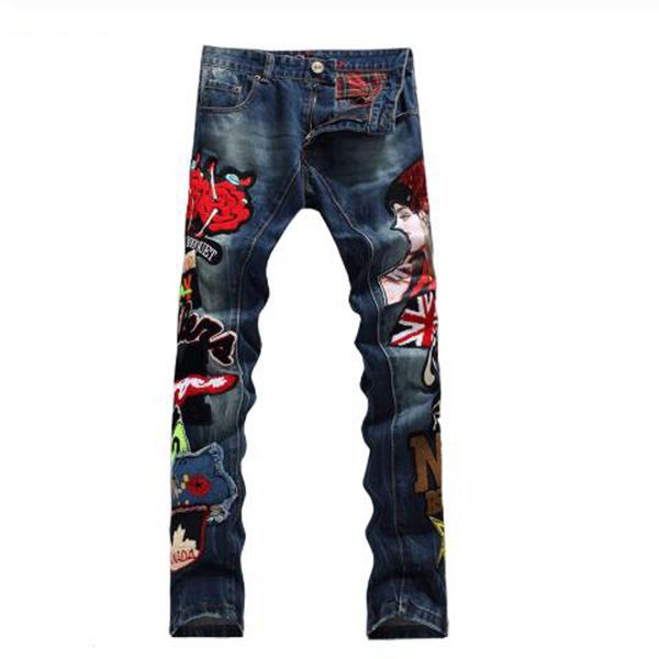 

new men's fashion beauty girl english flag denim jeans male casual appliques straight pants slim long trousers, Blue