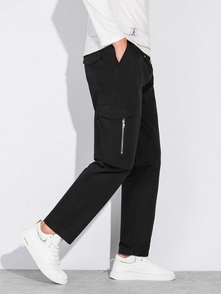 

men zipper detail flap pocket side drawstring waist pants e1ez#, Black