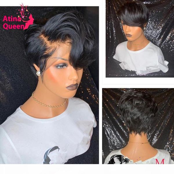 

13x4 bob pixie lace wig preplucked lace front human hair wigs brazilian remy side part wavy wigs for women short cut hair, Black