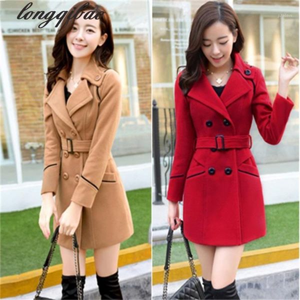 

2017 new spring woolen coat trench women slim double breasted black winter coats long outerwear for women tb76671