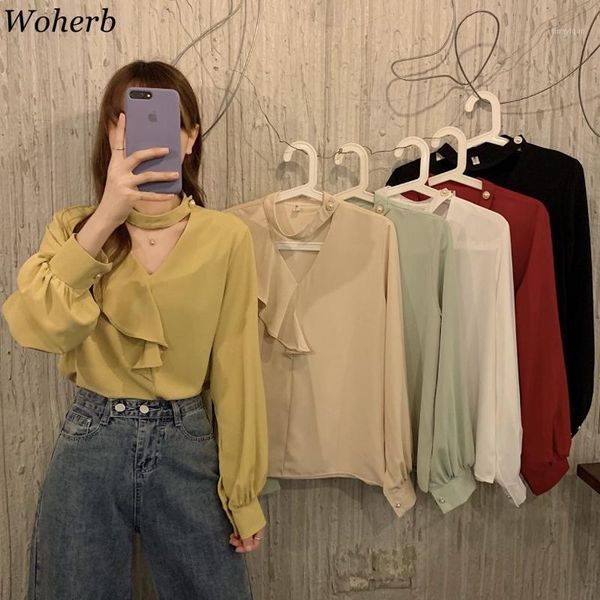 

woherb 2020 autumn new shirt women casual solid long sleeve blouse halter elegant ruffle blusas ladies korean chic blosues1, White