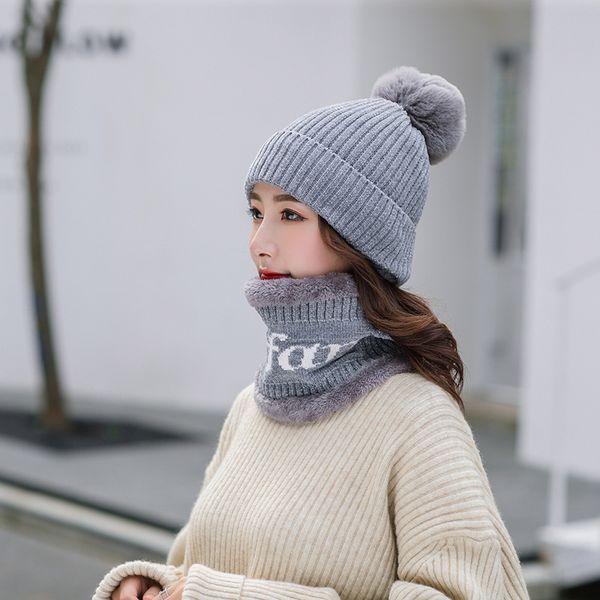 

winter hat and ring scarf set two-piece women thicken winter warm set female hats scarves beanie hat bonnet, Blue;gray