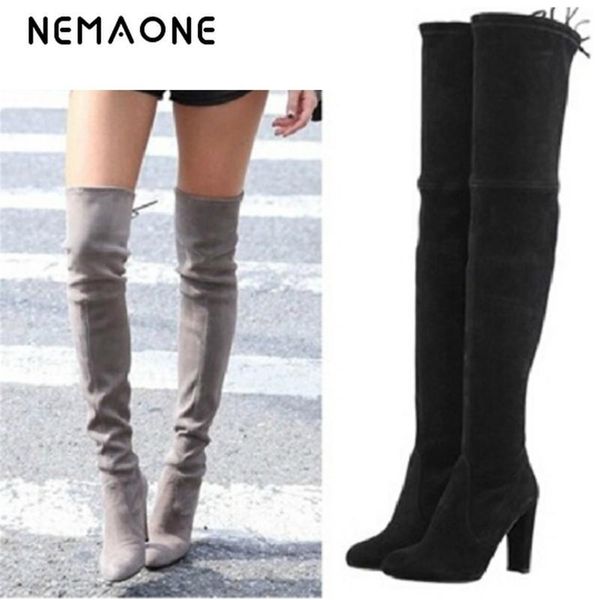 

nemaone women stretch faux suede thigh high boots fashion over the knee boots high heels woman shoes black gray winered y200723