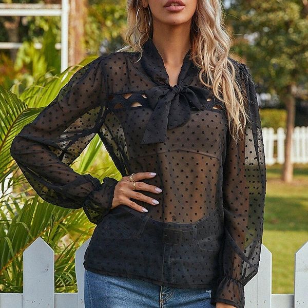 

women's visible dot twist front blouse see through shirt long sleeve r78t#, White