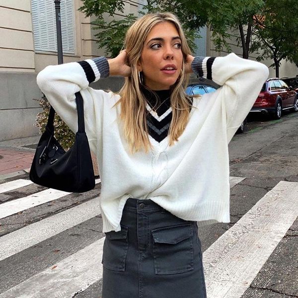 

seasons elegant chic white knitted sweater women v neck long sleeve jumpers autumn fashion knitwear pullover winter assw82152, White;black