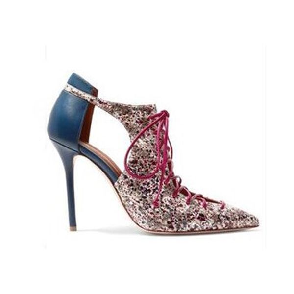 

cross-tied shredded woman summer bombs pointed to lace toe until cutting two shades of leather party thin heels high shoes omm0, Black