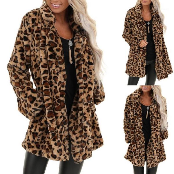 

2020 newwomen's leopard faux fur pocket fuzzy warm winter oversized outwear long coat female long sleeve outerwear menteau hiver1, Black;brown