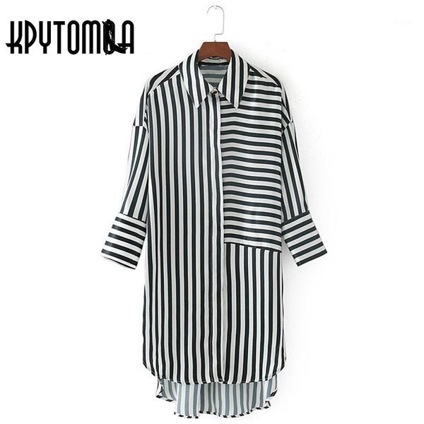 

vintage chic striped patchwork long shirts women 2018 new fashion turn-down collar three quarter sleeve shirt casual femme blusa1, White