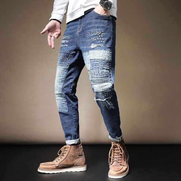 

men's jeans blue patchwork patch baggy men casual streetwear loose pencil pants