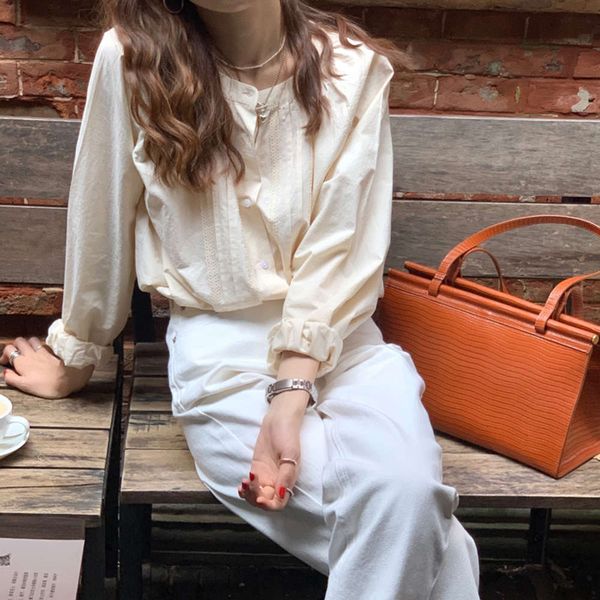 

nantao lantern sleeve lace pleated round neck shirt for women, White