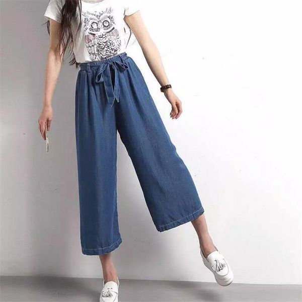 

spacious women's jeans, wide leg jeans, with ribbon, korean style, 6xl, 7xl, summer 2020, Blue