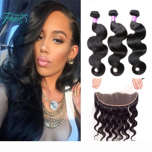 

9a malaysian 13x4 middle 3part lace frontal closure with 3 bundles body wave hair weaves #1b natural color 4pcs lot, Black