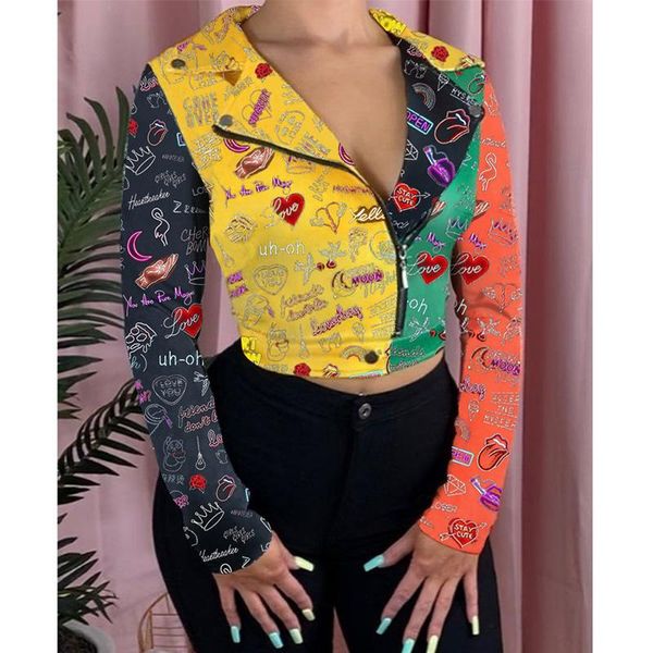 

2021 new fashion autumn jacket women vintage letters heart ethnic printed long sleeve jacket short zipper front coat, Black