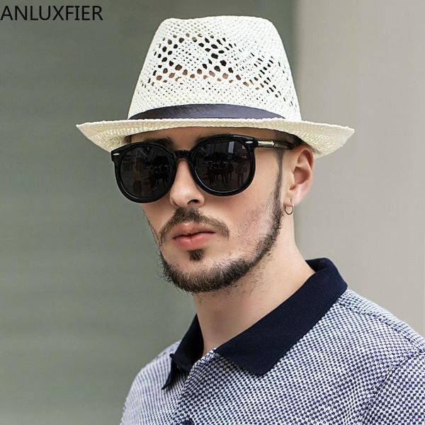 

h7264 summer men straw sunhat male sun protection sunshade hat outdoor breathable beach cool cap korean casual jazz fashion hat, Blue;gray