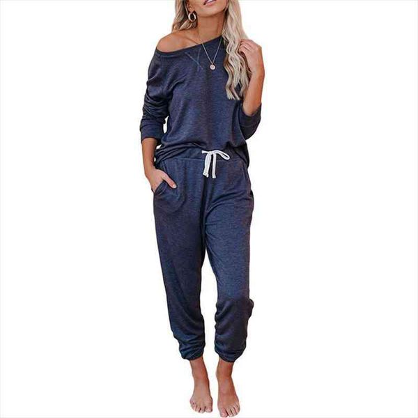 

women homewear 2 pieecs set fall autumn causal long sleeve t-shirt solid color pants drawstring design two-pieces, White
