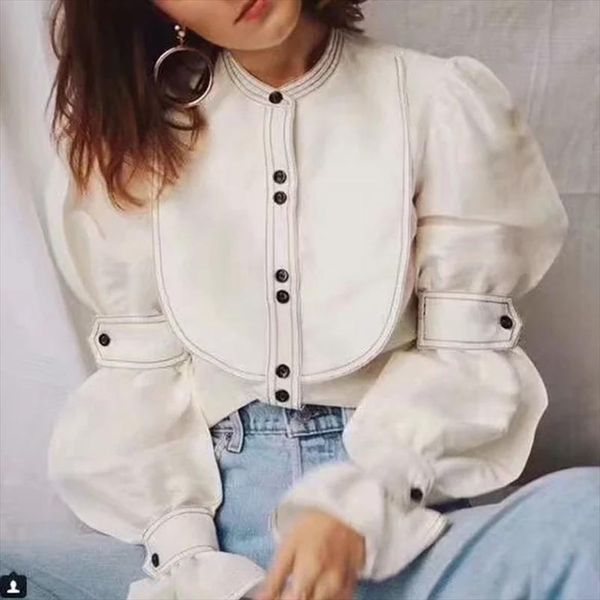 

new autumn women individuality clothes vintage puff lantern sleeve single breasted stand collar linen patchwork shirt, White