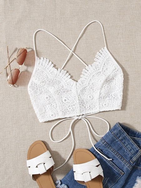 

lace up backless guipure lace cami r48f#, White