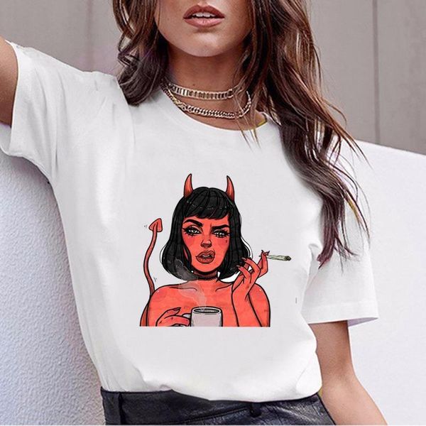 

angel protect me from my devil print tshirt harajuku cartoon print retro shirt ladies fashion tshirt jersey chemise dropshipping, White