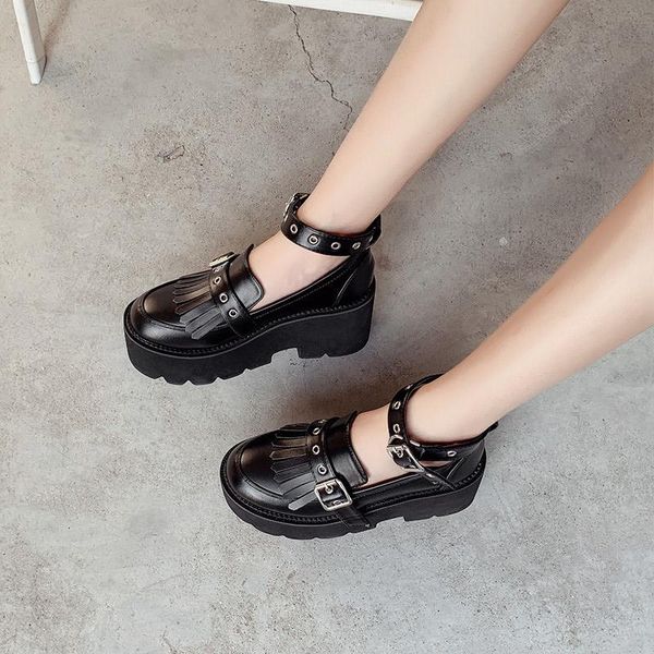 

ymechic 2021 spring new retro ankle strap buckle tassel design gothic punk platform heels pumps women shoes black high heel shoe