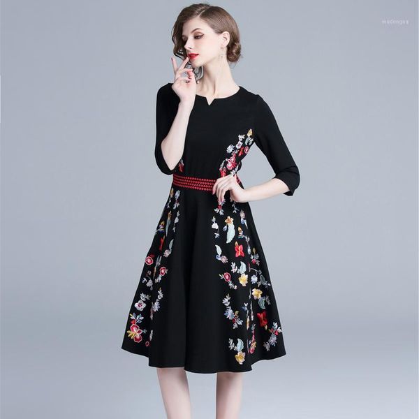 

jsxdhk women black hit color ball gown dress vintage women embroidery floral o neck dress casual slim vestidos1, Black;gray