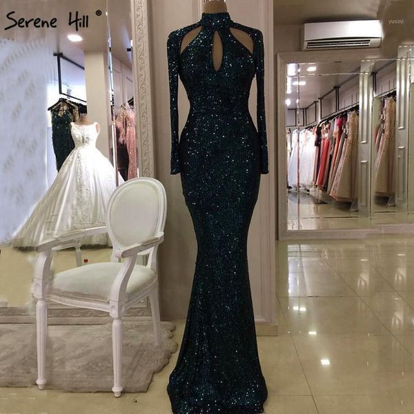 

serene hill new designer green high neck evening dress 2020 sequins long sleeves fashion luxury formal party gown cla63141, White;black
