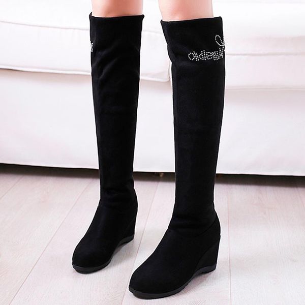 

women fashion slim boots over the knee high suede solid crystal increased wedges heels thigh-high ladies boots shoes #822, Black