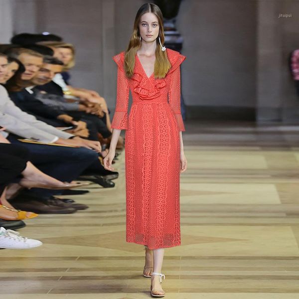 

gedivoen spring fashion vintage dress solid women o-neck flare sleeve patchwork ruffles runway designer midi dresses1, Black;gray