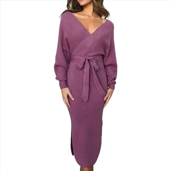 

deep v neck long sleeve bodycon knitted sweater dress women autumn winter casual wrap club dress vestidos, Black;gray