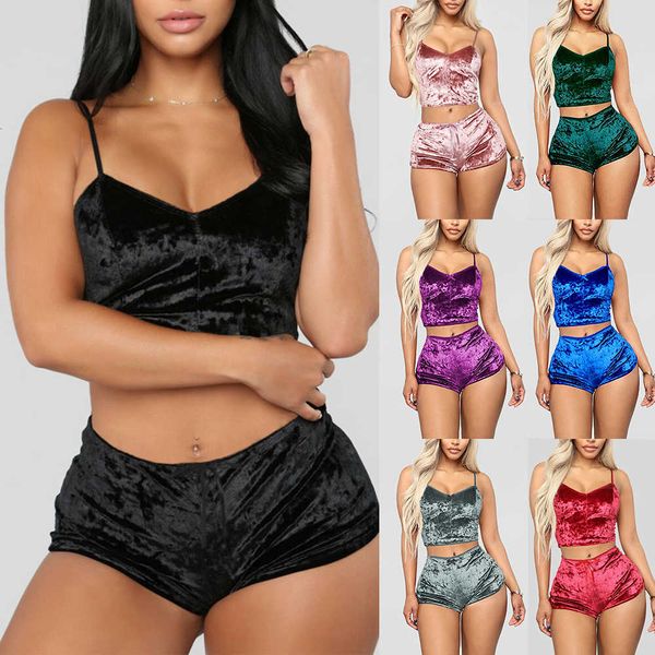 

fashion women 2pcs spaghetti strap veet shorts ladies sleepwear female pajama party set 2021, Black;white