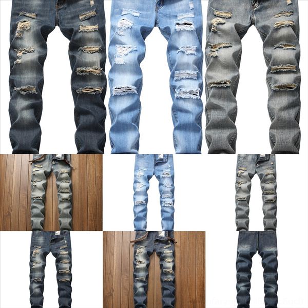 

3ji65 classic men jeans broken hole embroidered pencil man jeans slim jeans slim men trousers casual thin denim young hole destroyed, Black