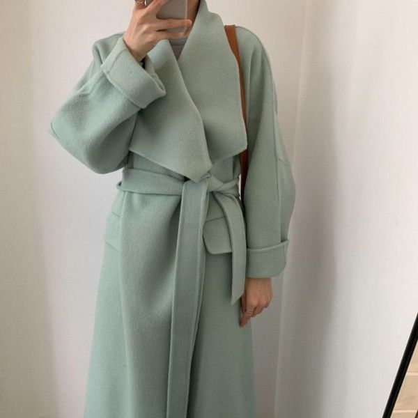

winter korean simple cashmere long coat women woolen outwear female long-sleeved lace-up overcoat manteau femme abrigos mujer, Black
