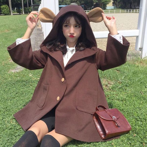 

sweet woolen coat women autumn and winter 2020 popular day soft girl cute bear ears hooded loose girl coat1, Black